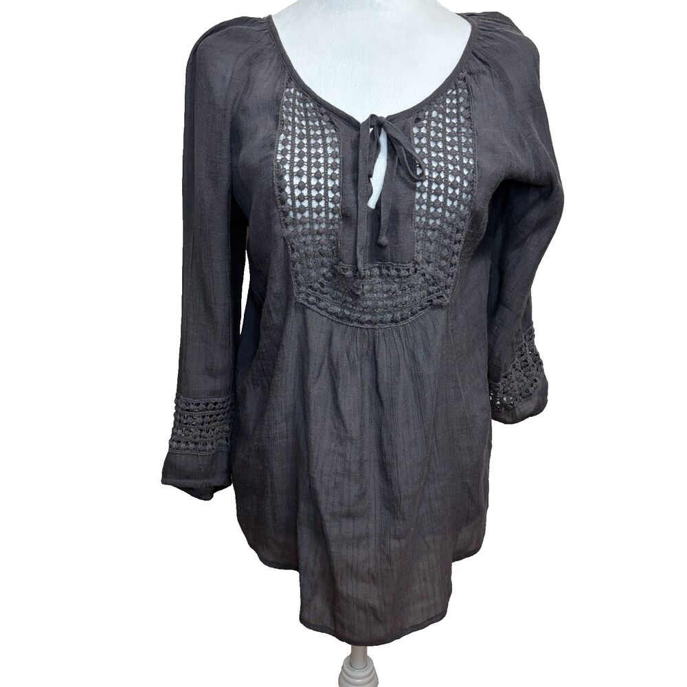Maurices Crochet Tunic Top‎ Womens L Gray Boho Peasant Cottagecore Flowy Casual